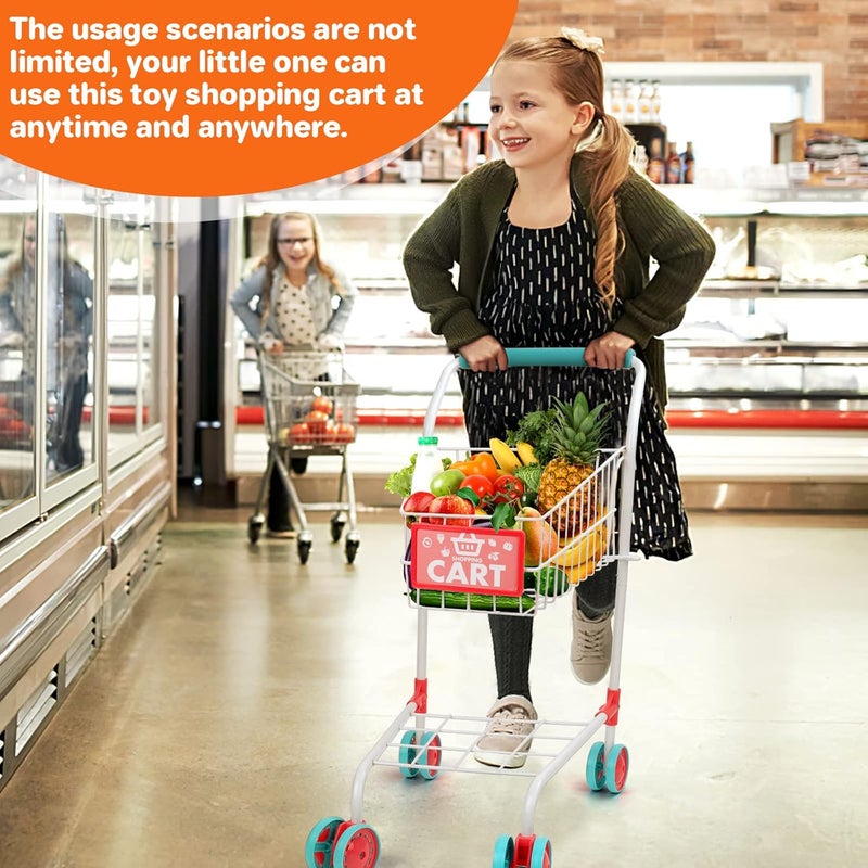 deAO Kids Shopping Cart Trolley with Sturdy Metal Frame for Toddlers 46 PCS Food Fruit Vegetables Pretend Play Food Role Play,Educational Toy Play Kitchen Toys for Boys Girls Kids - Image 2